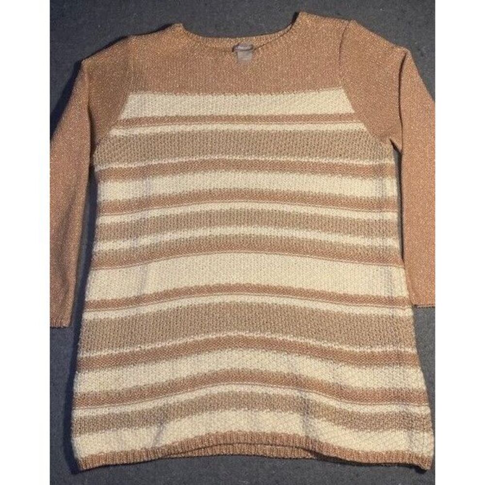 CHICO'S sz 2 Women's LARGE classic‎ Striped Shine Pullover Sweater brown/white